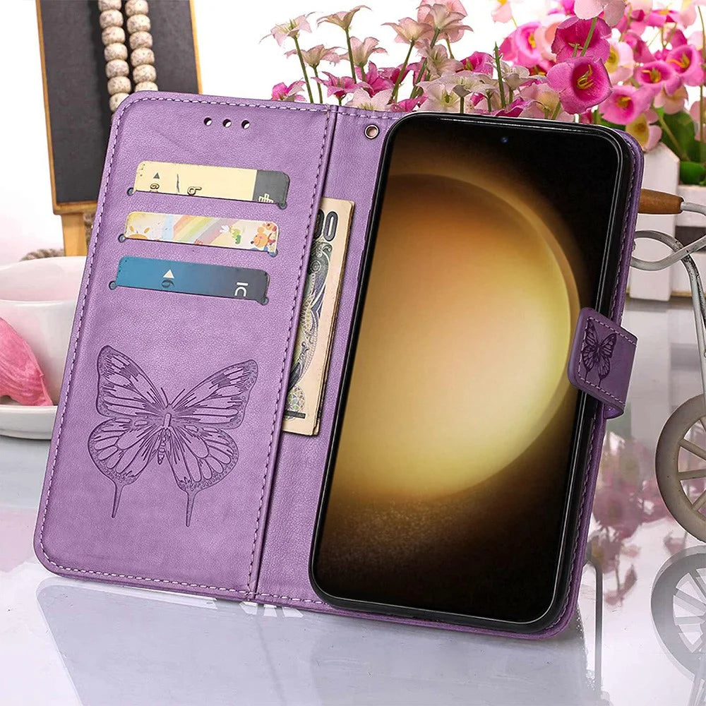 For Samsung Galaxy S24+ Wallet Case with Wrist Strap Butterfly Imprint Leather Phone Cover - Purple - 7
