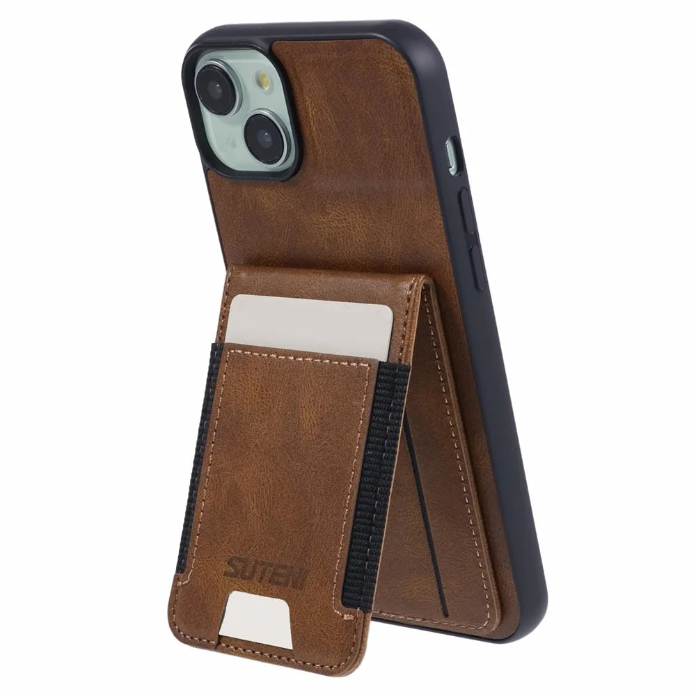 SUTENI H03 For iPhone 14 Plus Back Phone Cover PU Leather Vertical Flip Kickstand Case - Brown - 1