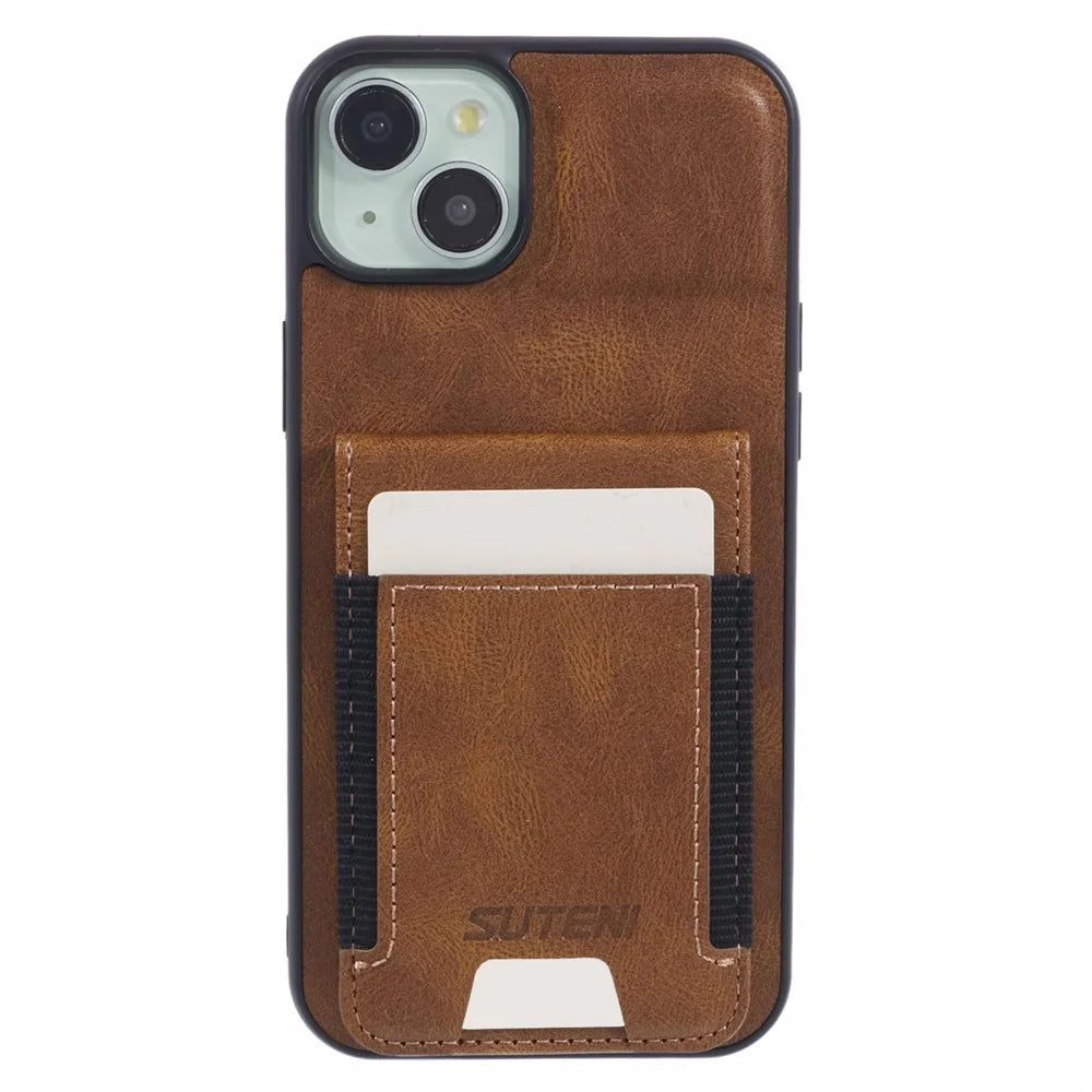 SUTENI H03 For iPhone 14 Plus Back Phone Cover PU Leather Vertical Flip Kickstand Case - Brown - 2