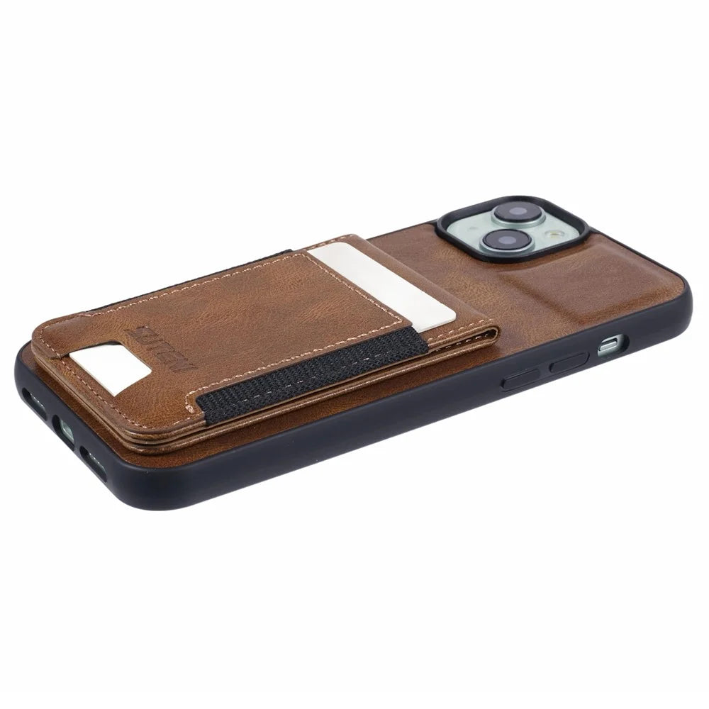SUTENI H03 For iPhone 15 Plus Case Waxy Texture PU Leather Phone Cover with Card Slots - Brown - 7
