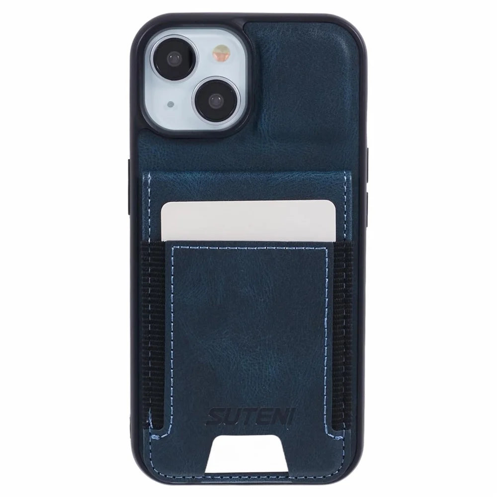 SUTENI H03 For iPhone 15 Case PU Leather Waxy Texture Card Slots Back Cover - Blue - 2