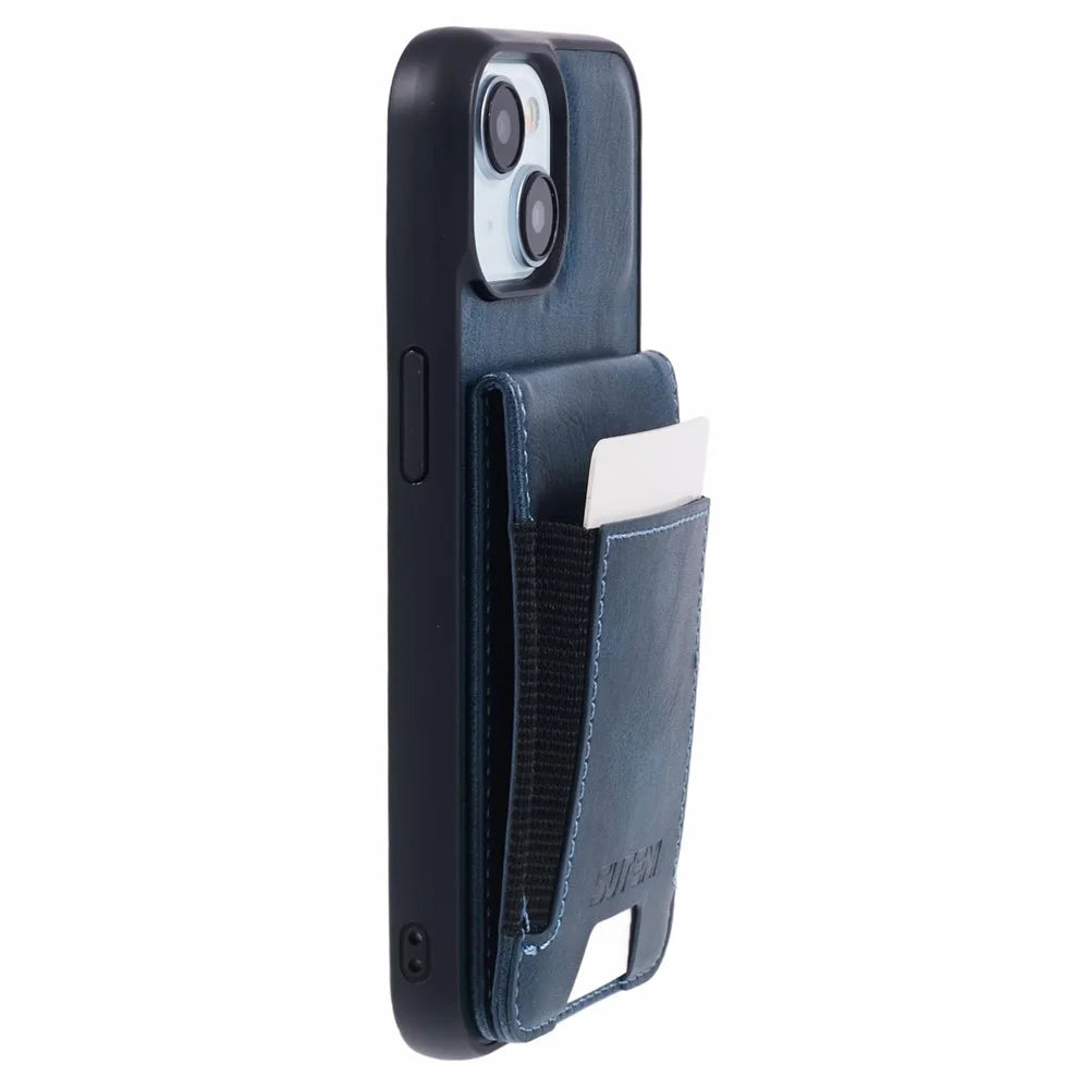 SUTENI H03 For iPhone 15 Case PU Leather Waxy Texture Card Slots Back Cover - Blue - 5