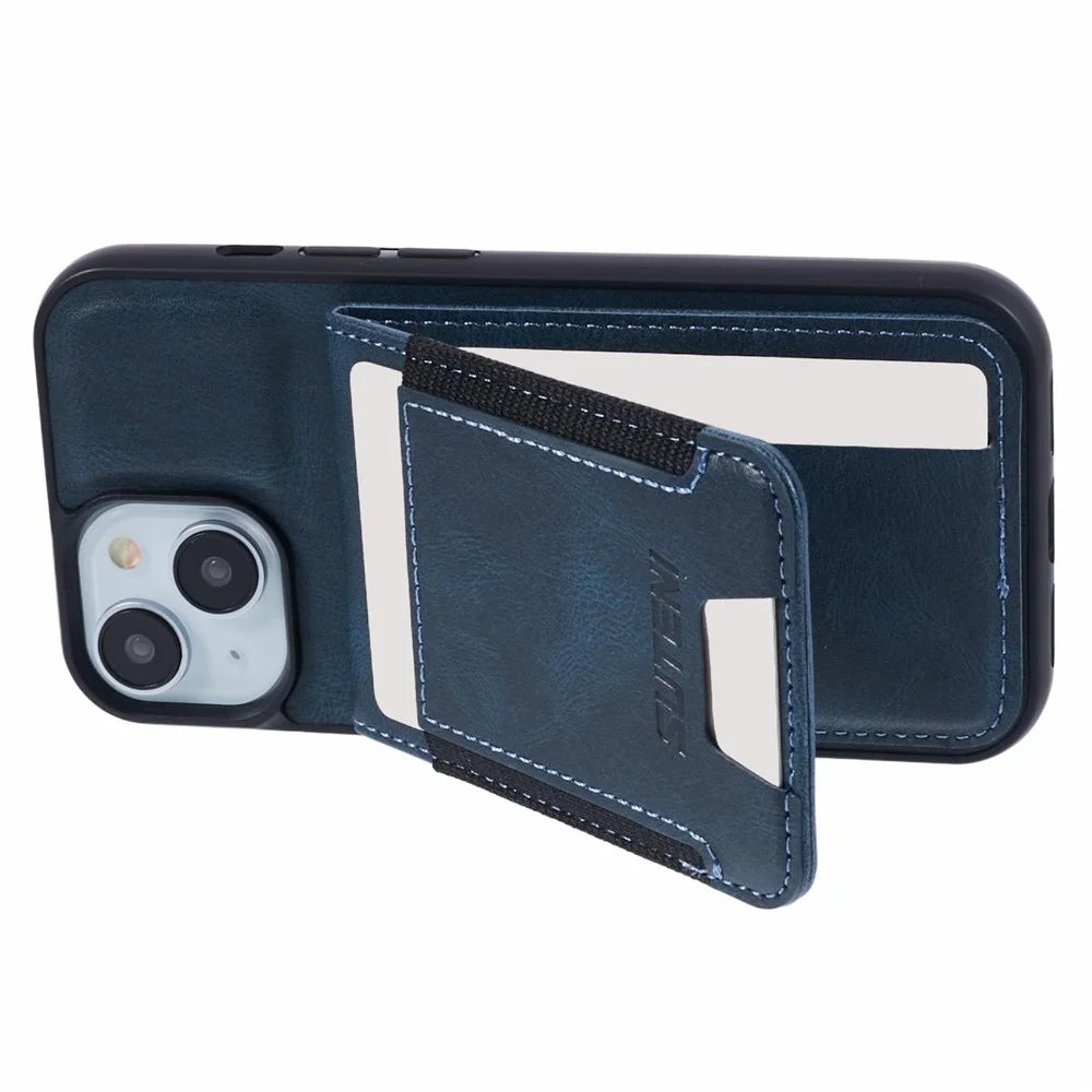 SUTENI H03 For iPhone 15 Case PU Leather Waxy Texture Card Slots Back Cover - Blue - 6