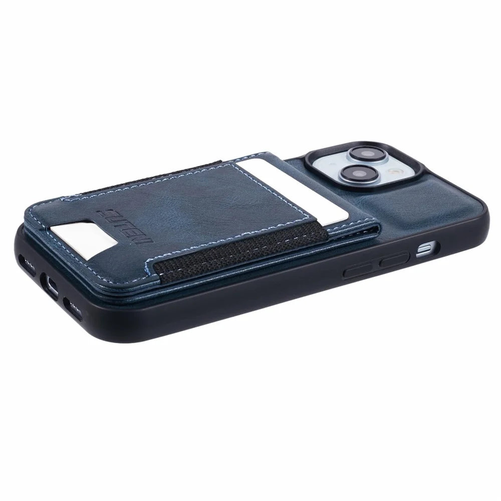 SUTENI H03 For iPhone 15 Case PU Leather Waxy Texture Card Slots Back Cover - Blue - 7