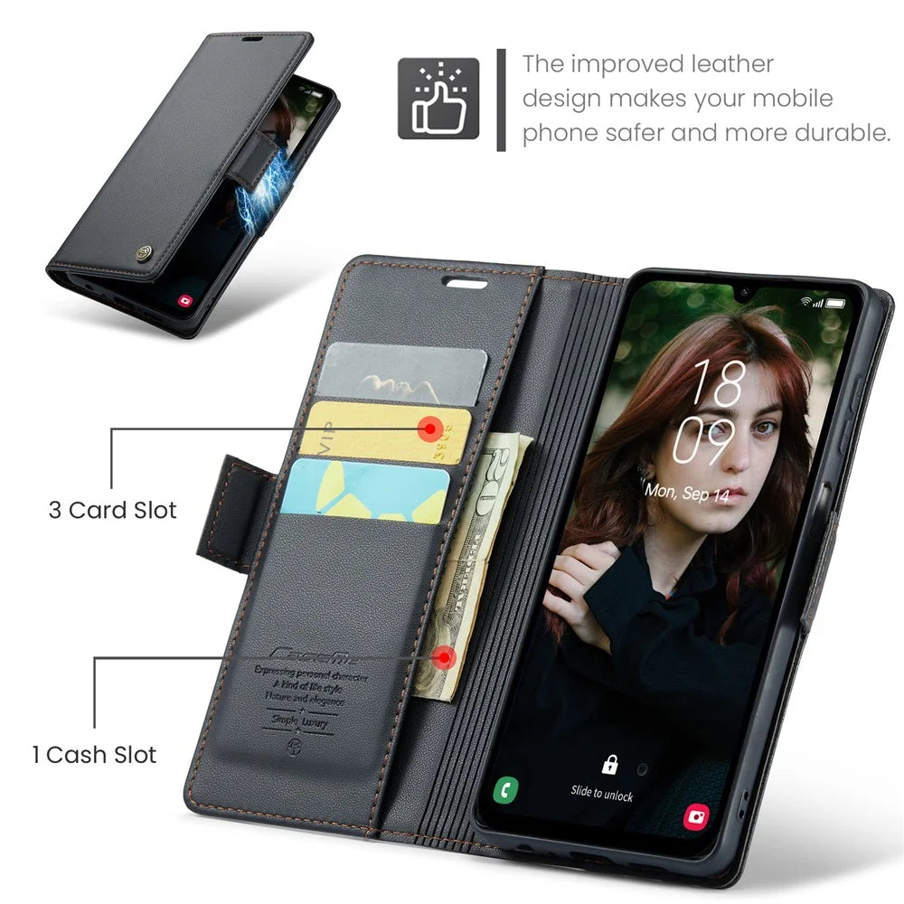 For Samsung Galaxy A15 4G / A15 5G Leather Case CASEME 023 RFID Blocking 3 Card Slot Mobile Cover - Black - 6