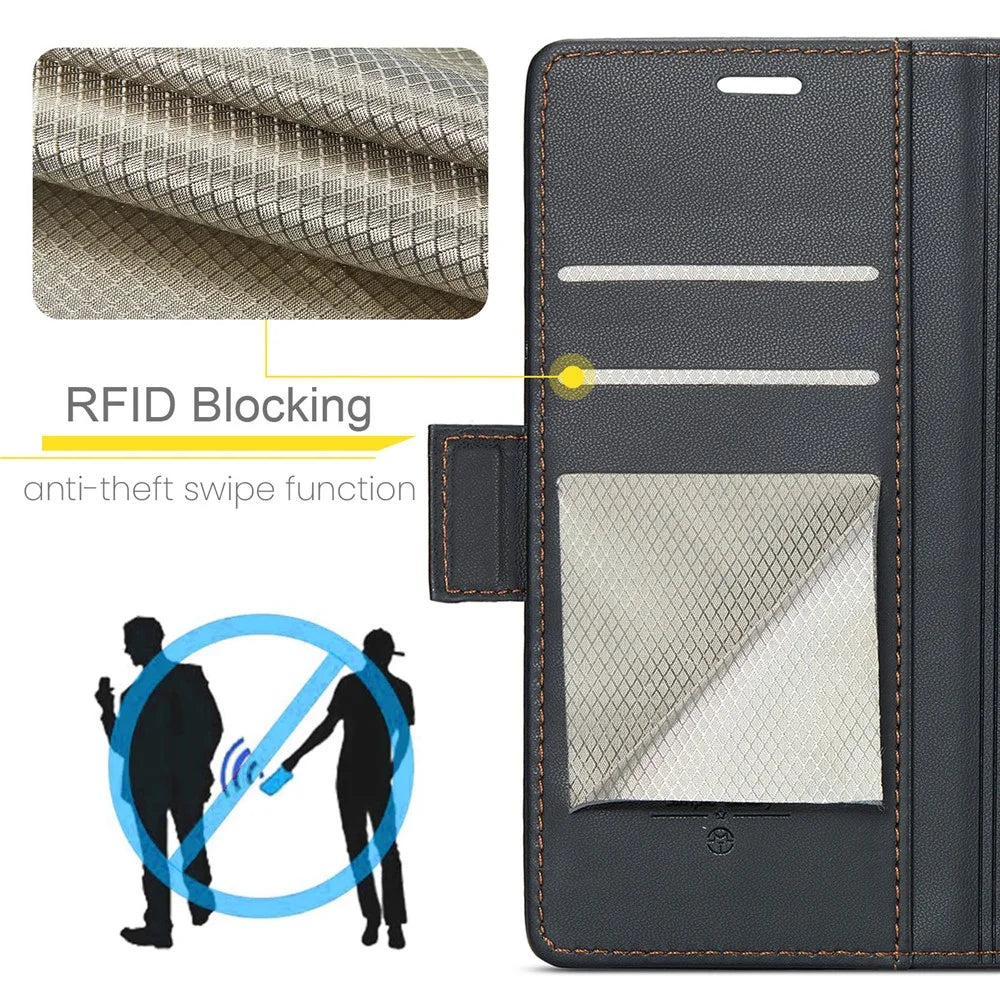 For Samsung Galaxy A15 4G / A15 5G Leather Case CASEME 023 RFID Blocking 3 Card Slot Mobile Cover - Black - 7