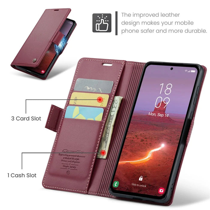 For Samsung Galaxy A55 5G Leather Case CASEME 023 RFID Blocking 3 Card Slot Mobile Cover - Red - 6