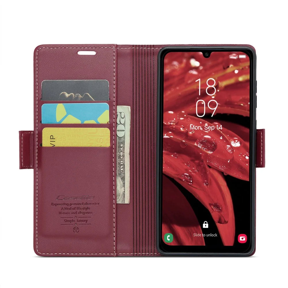 For Samsung Galaxy A25 5G (Global) (161.0 x 76.5 x 8.3mm) Leather Case CASEME 023 RFID Blocking 3 Card Slot Mobile Cover - Red - 2
