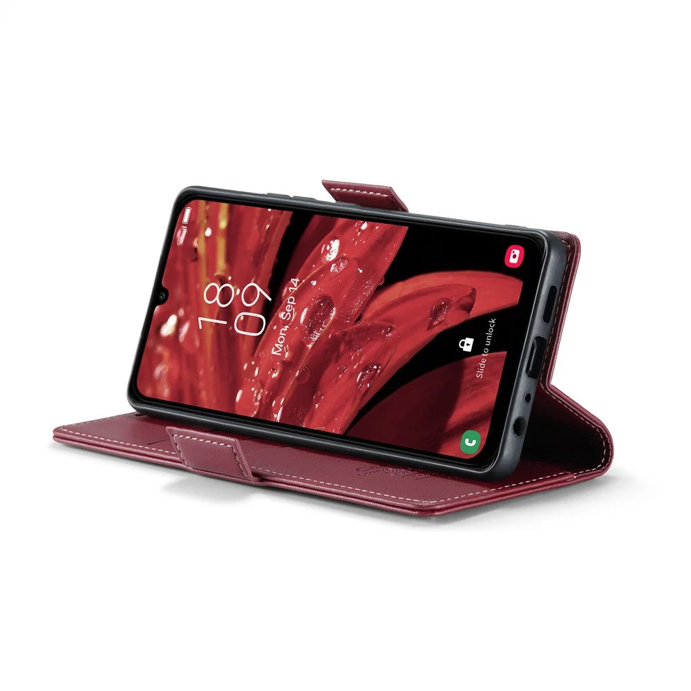 For Samsung Galaxy A25 5G (Global) (161.0 x 76.5 x 8.3mm) Leather Case CASEME 023 RFID Blocking 3 Card Slot Mobile Cover - Red - 4