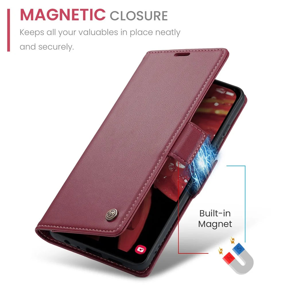 For Samsung Galaxy A25 5G (Global) (161.0 x 76.5 x 8.3mm) Leather Case CASEME 023 RFID Blocking 3 Card Slot Mobile Cover - Red - 5