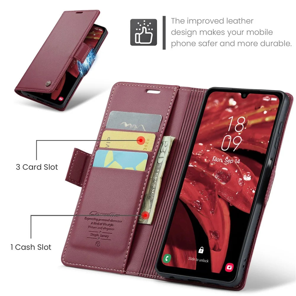 For Samsung Galaxy A25 5G (Global) (161.0 x 76.5 x 8.3mm) Leather Case CASEME 023 RFID Blocking 3 Card Slot Mobile Cover - Red - 6