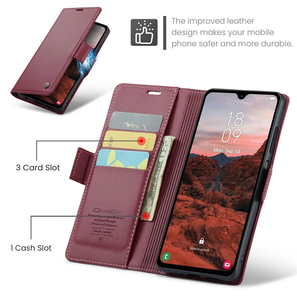 For Samsung Galaxy A05s 4G Leather Case CASEME 023 RFID Blocking 3 Card Slot Mobile Cover - Red - 6