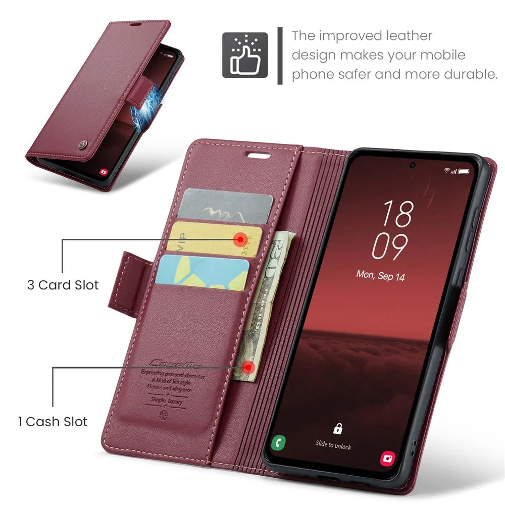 For Samsung Galaxy A35 5G Leather Case CASEME 023 RFID Blocking 3 Card Slot Mobile Cover - Red - 6
