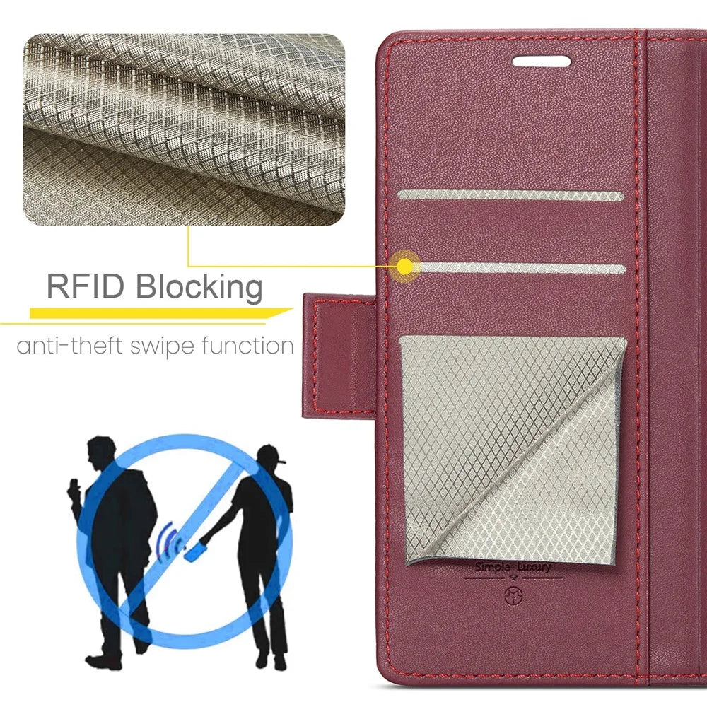 For Samsung Galaxy A35 5G Leather Case CASEME 023 RFID Blocking 3 Card Slot Mobile Cover - Red - 7