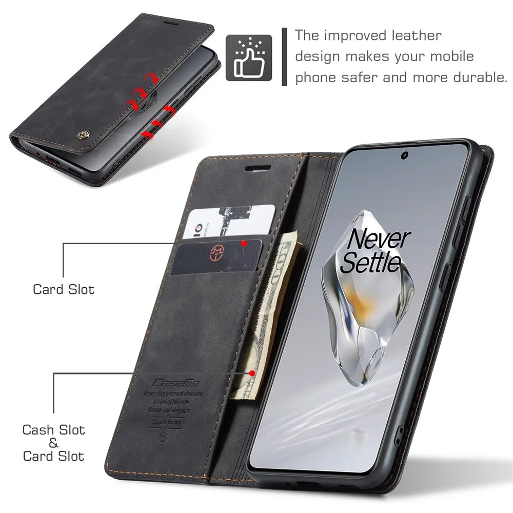 CASEME 013 Series For OnePlus 12 5G Case Business Style Card Slots Cell Phone Cover - Black - 5