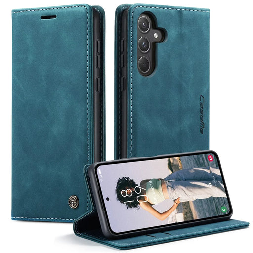 CASEME 013 Series For Samsung Galaxy A55 5G Case PU Leather Stand View Business Phone Cover - Blue - 1