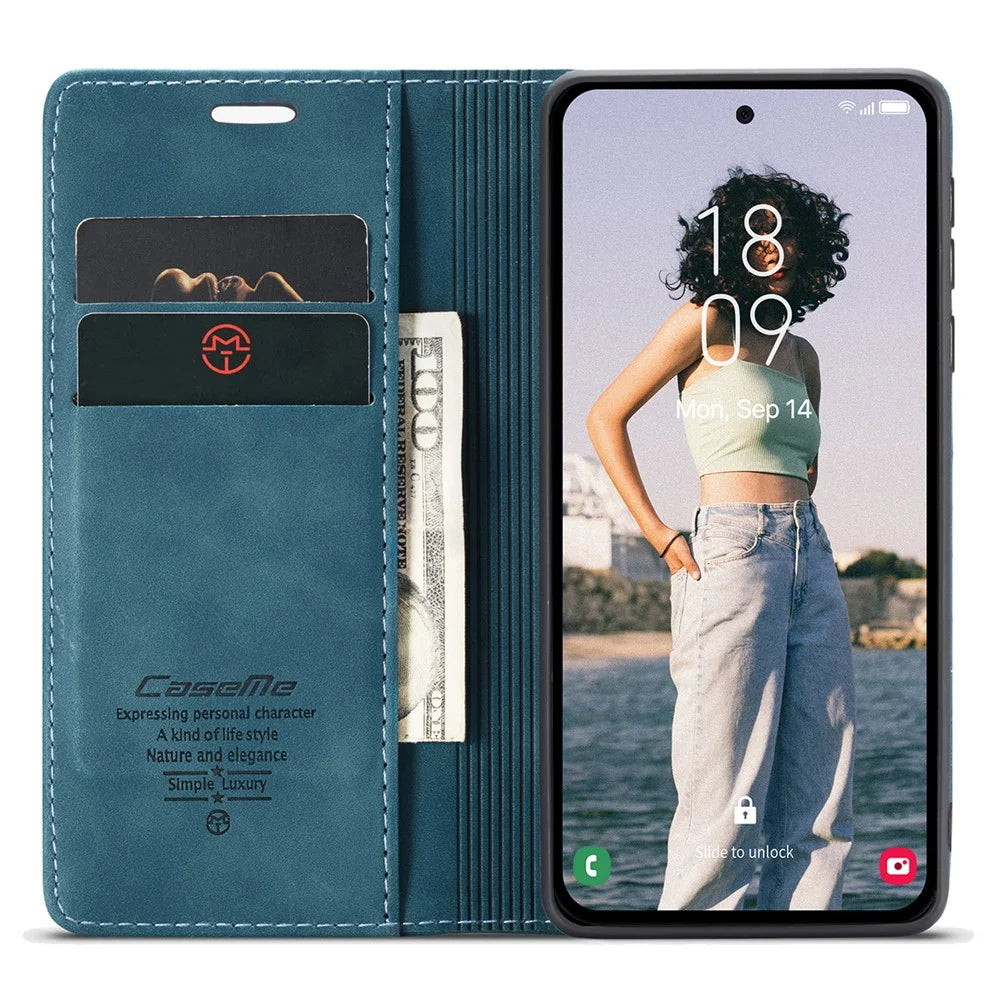 CASEME 013 Series For Samsung Galaxy A55 5G Case PU Leather Stand View Business Phone Cover - Blue - 2