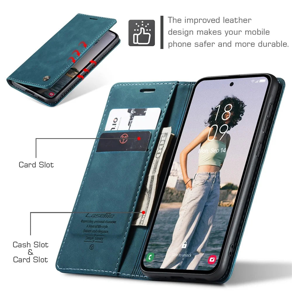CASEME 013 Series For Samsung Galaxy A55 5G Case PU Leather Stand View Business Phone Cover - Blue - 5