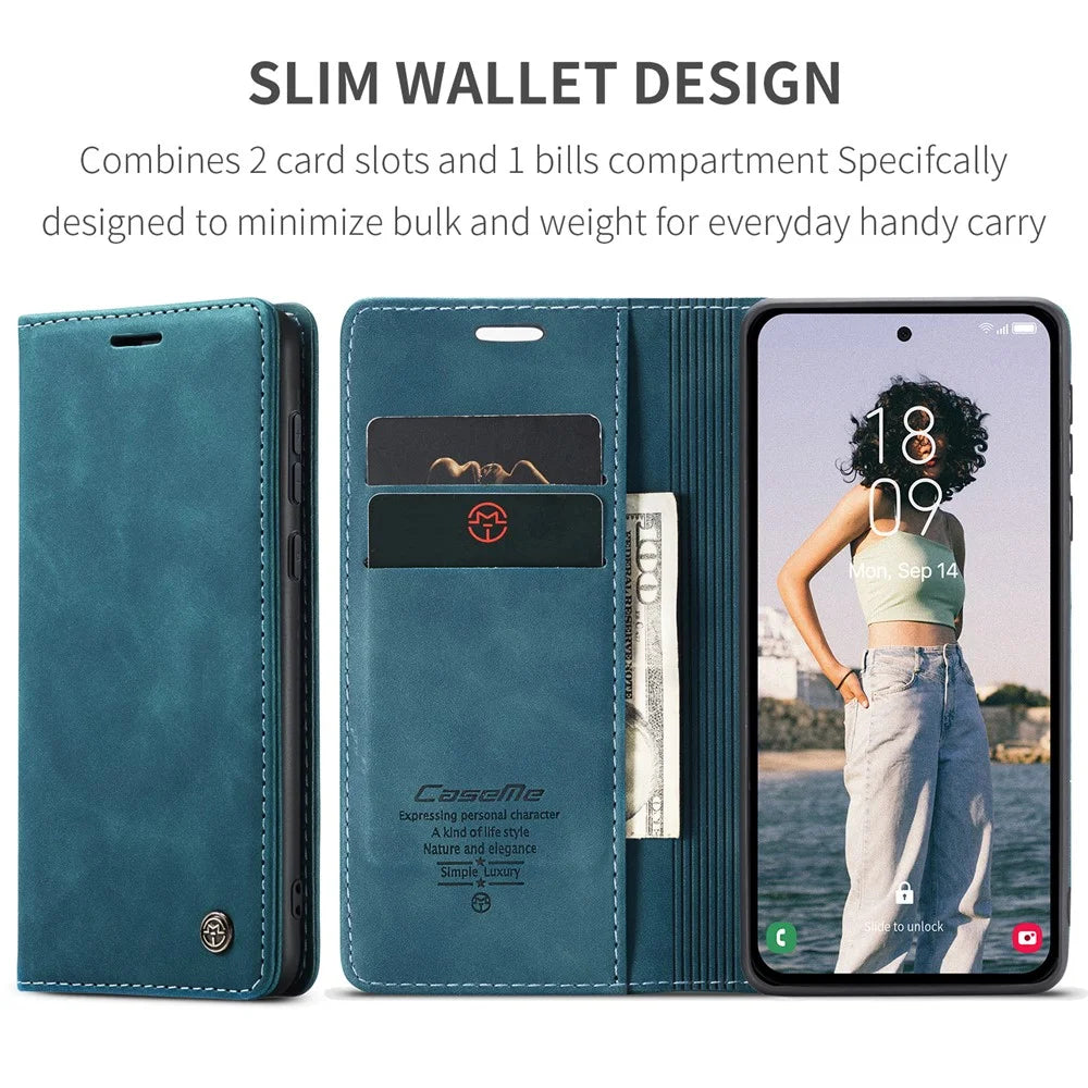 CASEME 013 Series For Samsung Galaxy A55 5G Case PU Leather Stand View Business Phone Cover - Blue - 6
