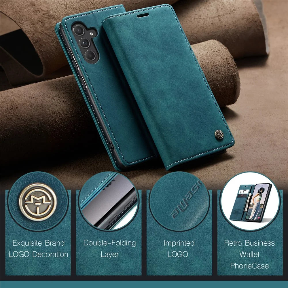 CASEME 013 Series For Samsung Galaxy A55 5G Case PU Leather Stand View Business Phone Cover - Blue - 7