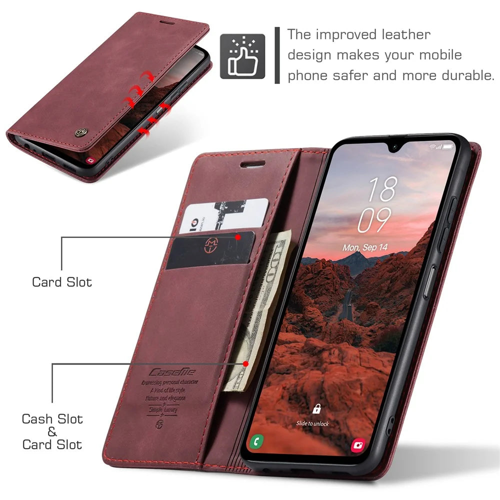 CASEME 013 Series For Samsung Galaxy A05s 4G Case Business Style View Flip Leather Phone Cover - Red - 5