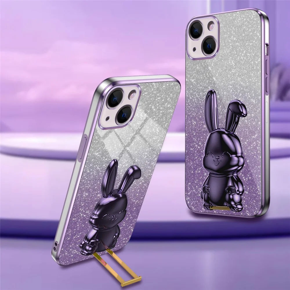 For iPhone 13 Case Lovely Rabbit Pull-out Kickstand Shock-absorbing Phone Cover - Purple - 2