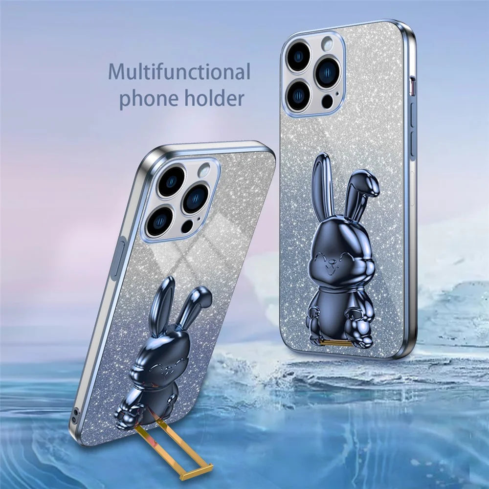 For iPhone 15 Pro Cell Phone Case Glitter Rabbit Pull-out Kickstand Cover - Blue - 2