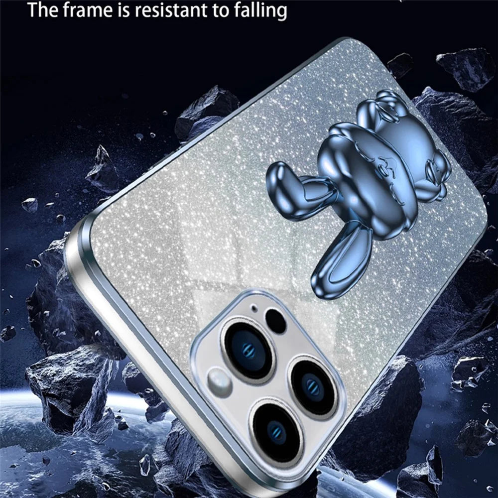 For iPhone 15 Pro Cell Phone Case Glitter Rabbit Pull-out Kickstand Cover - Blue - 3