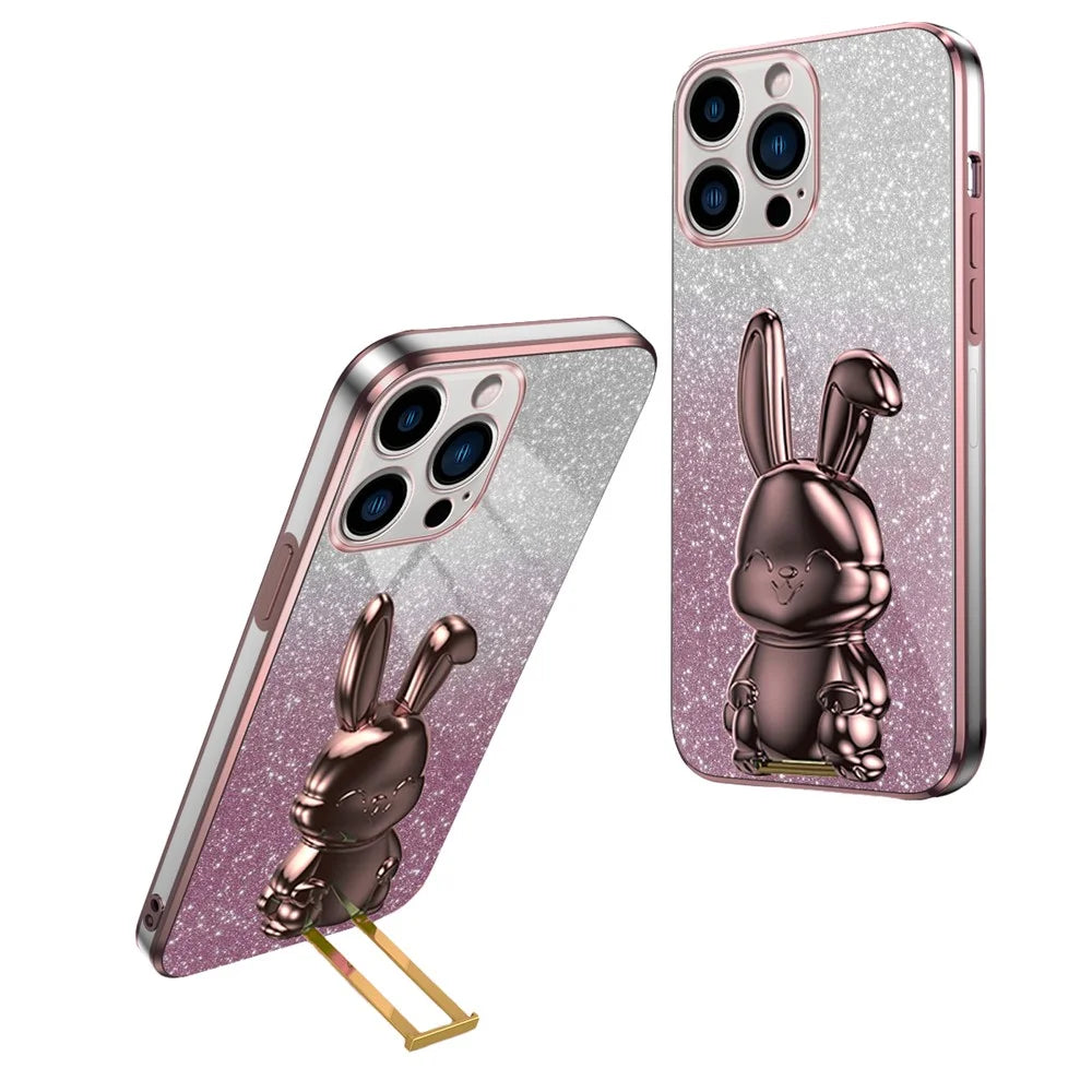 For iPhone 14 Pro Kickstand Case Cute Rabbit Electroplating Phone Shell - Pink - 1