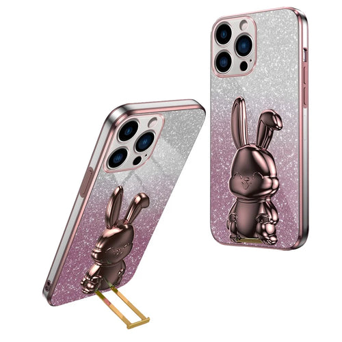 For iPhone 14 Pro Kickstand Case Cute Rabbit Electroplating Phone Shell - Pink - 1