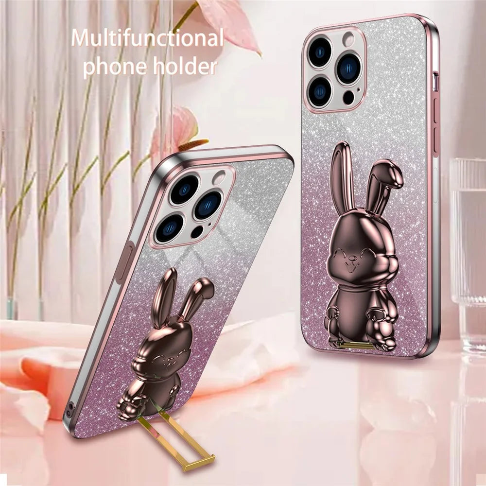 For iPhone 14 Pro Kickstand Case Cute Rabbit Electroplating Phone Shell - Pink - 2