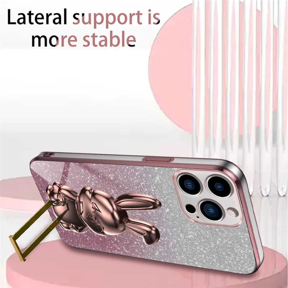 For iPhone 14 Pro Kickstand Case Cute Rabbit Electroplating Phone Shell - Pink - 4