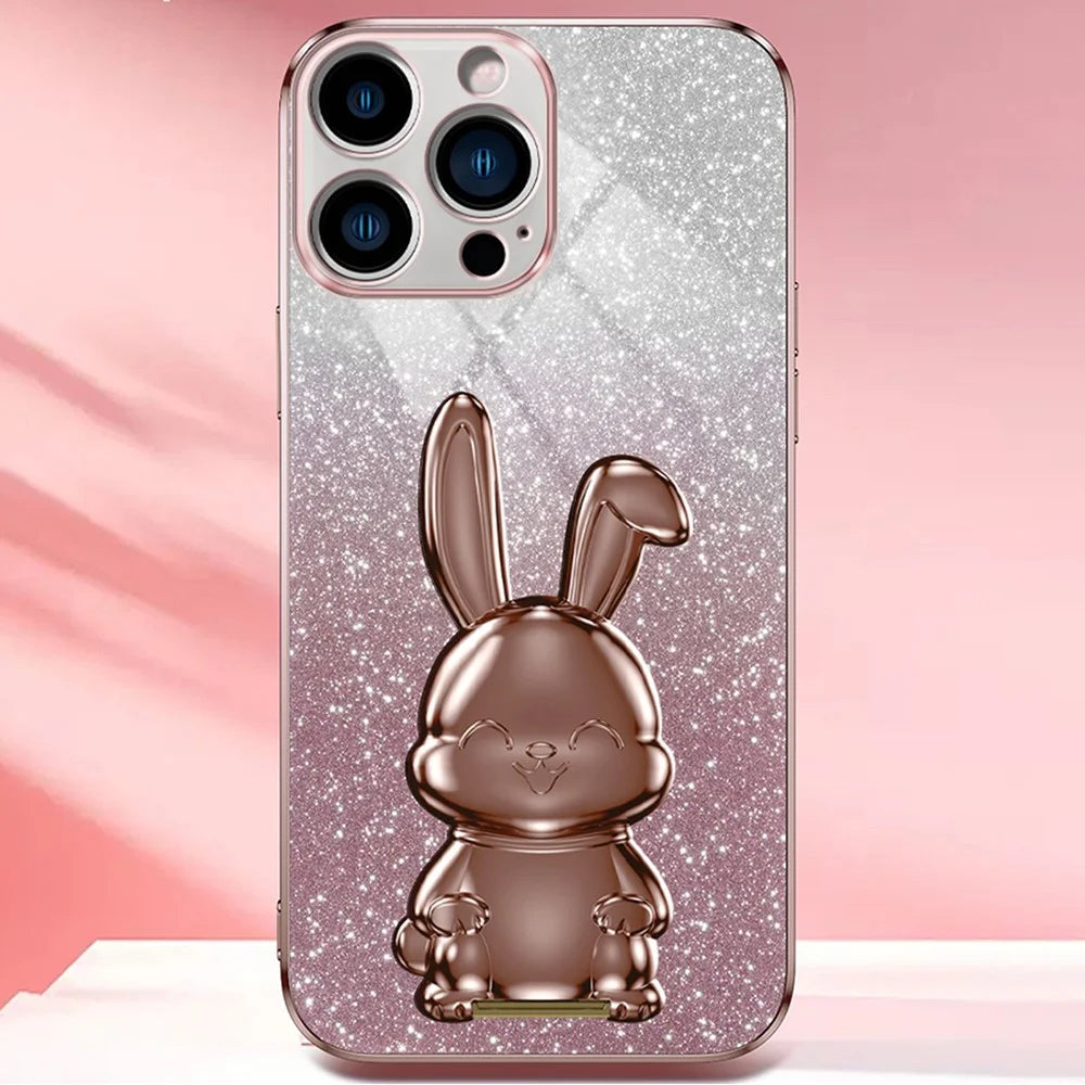 For iPhone 14 Pro Kickstand Case Cute Rabbit Electroplating Phone Shell - Pink - 5