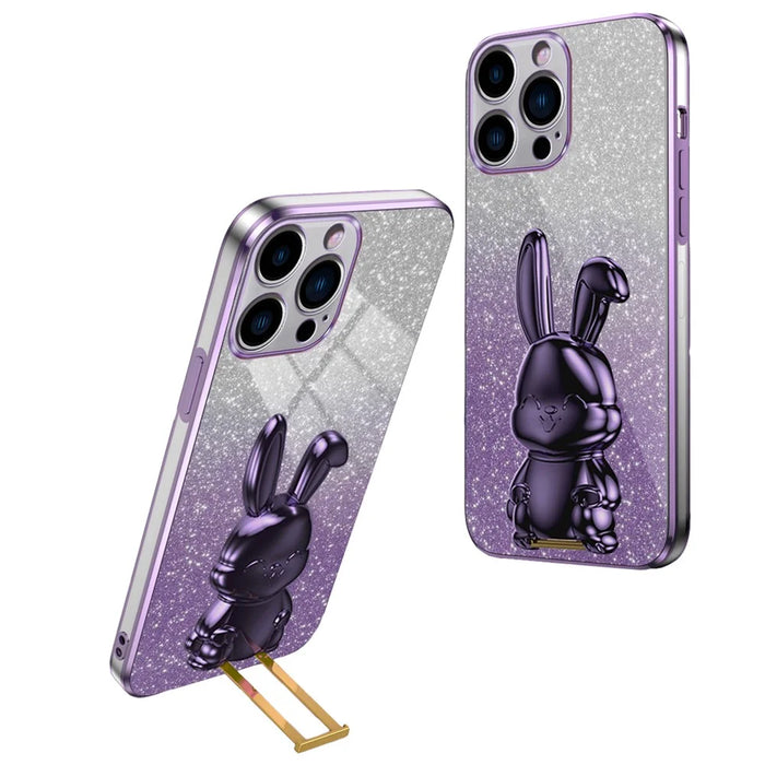 For iPhone 15 Pro Max Back Case Cute Rabbit Electroplating Phone Cover with Kickstand - Purple - 1