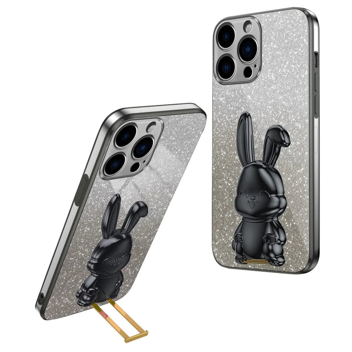 Back Case for iPhone 13 Pro , Cute Rabbit Electroplating Phone Cover with Kickstand - Black - 1