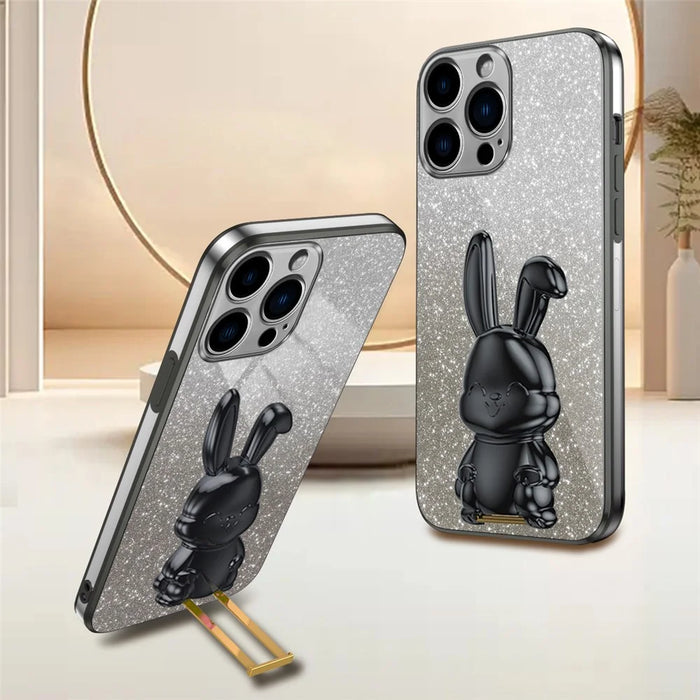 Back Case for iPhone 13 Pro , Cute Rabbit Electroplating Phone Cover with Kickstand - Black - 2