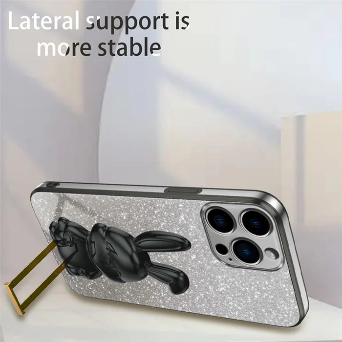 Back Case for iPhone 13 Pro , Cute Rabbit Electroplating Phone Cover with Kickstand - Black - 4