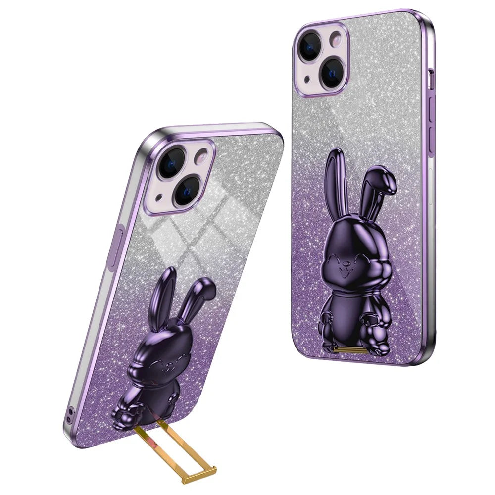 For iPhone 15 Plus Glitter Case Cute Rabbit Electroplating Phone Cover with Kickstand - Purple - 1