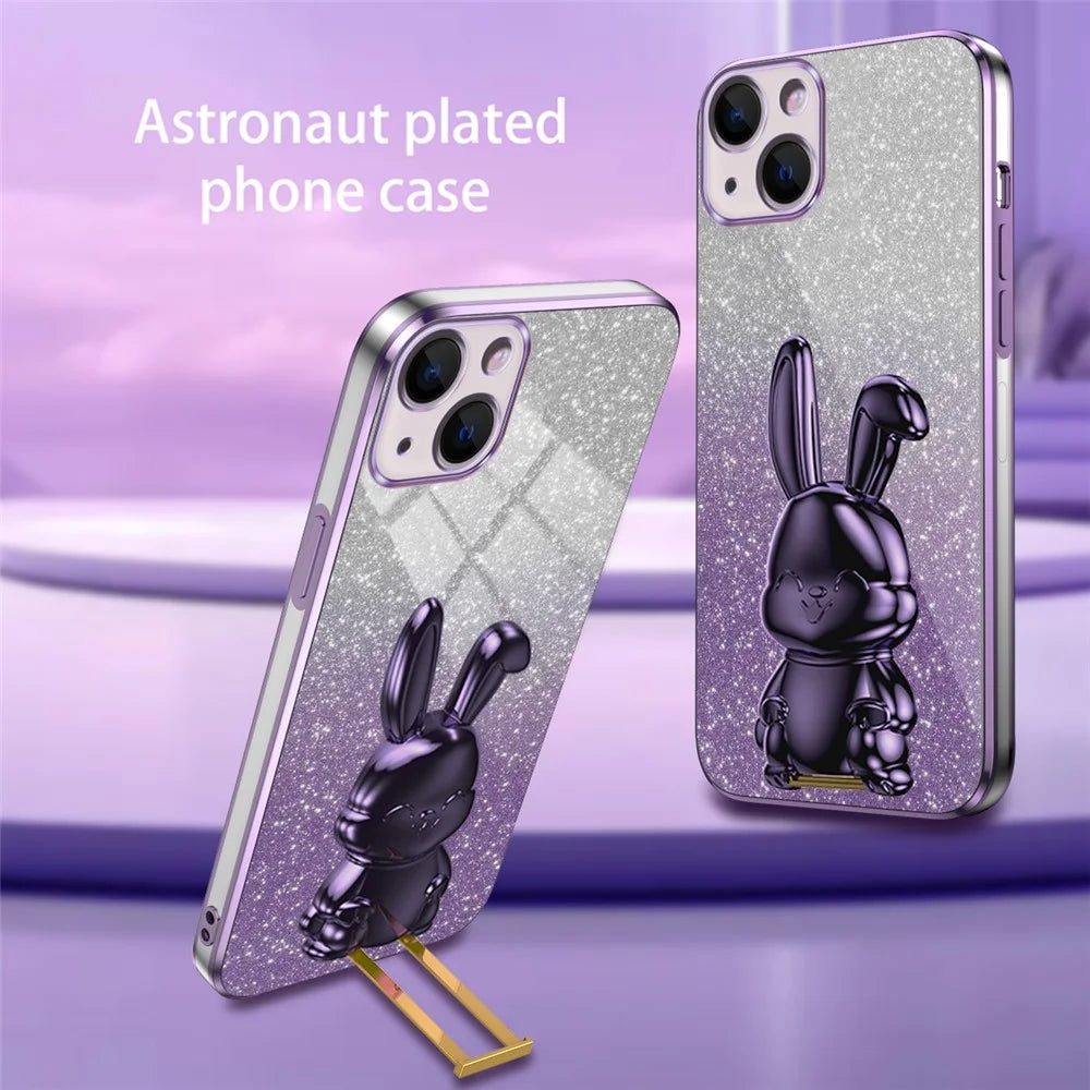 For iPhone 15 Plus Glitter Case Cute Rabbit Electroplating Phone Cover with Kickstand - Purple - 2
