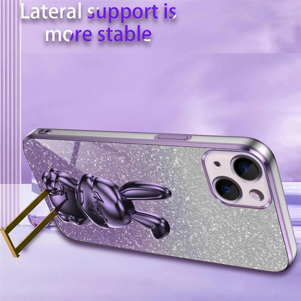 For iPhone 15 Plus Glitter Case Cute Rabbit Electroplating Phone Cover with Kickstand - Purple - 4