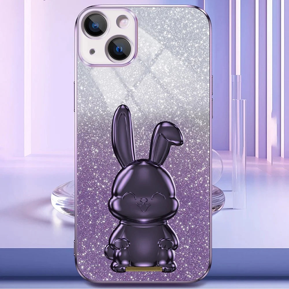 For iPhone 15 Plus Glitter Case Cute Rabbit Electroplating Phone Cover with Kickstand - Purple - 5