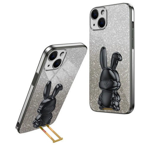 For iPhone 14 Plus Shockproof Cute Rabbit Glitter Case Phone Cover with Kickstand - Black - 1