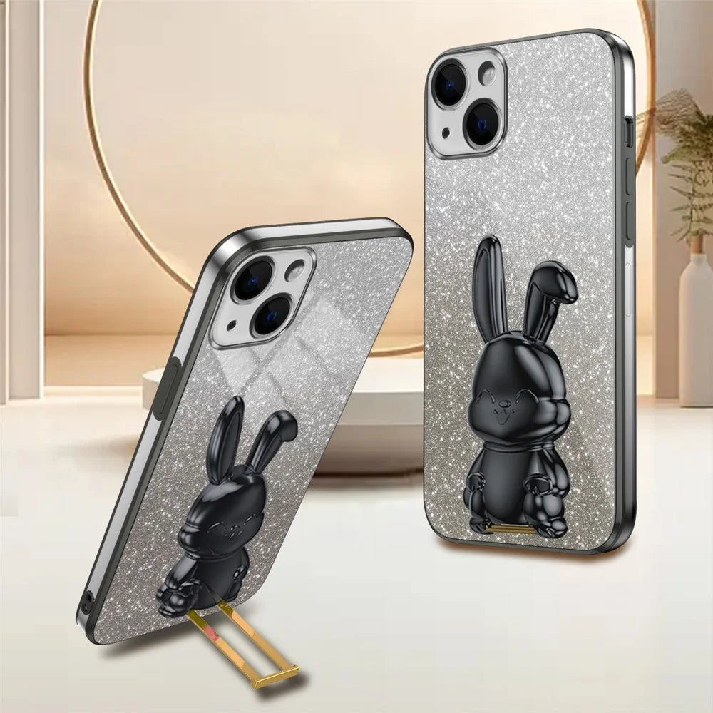For iPhone 14 Plus Shockproof Cute Rabbit Glitter Case Phone Cover with Kickstand - Black - 2