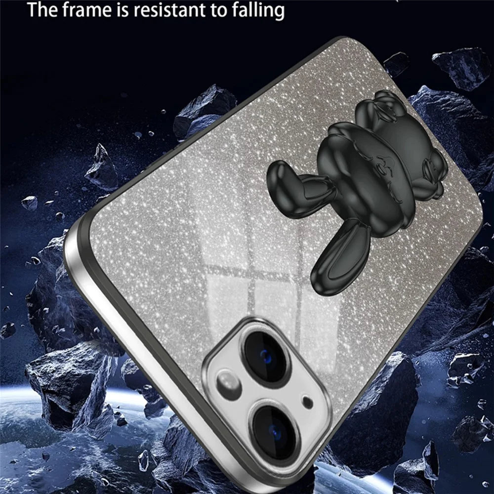 For iPhone 14 Plus Shockproof Cute Rabbit Glitter Case Phone Cover with Kickstand - Black - 3