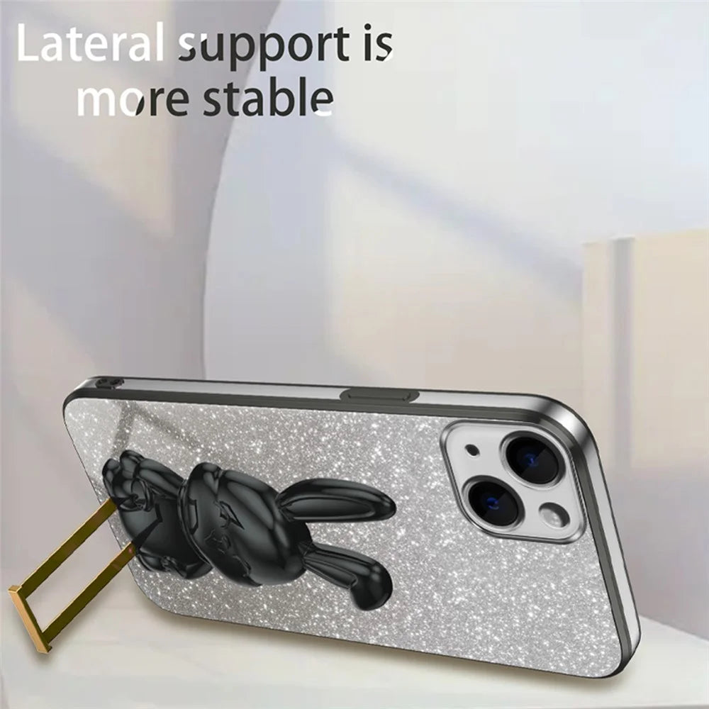 For iPhone 14 Plus Shockproof Cute Rabbit Glitter Case Phone Cover with Kickstand - Black - 4