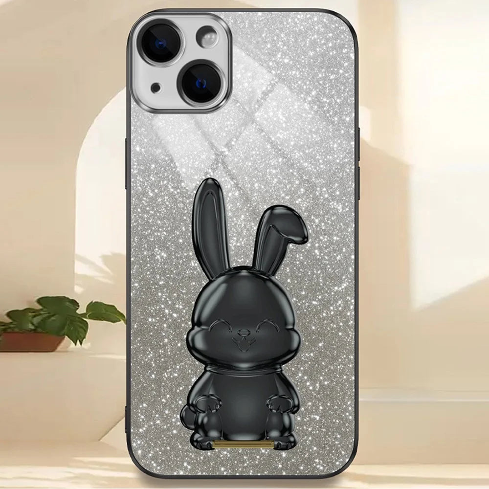For iPhone 14 Plus Shockproof Cute Rabbit Glitter Case Phone Cover with Kickstand - Black - 5