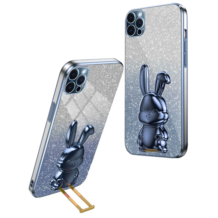 For iPhone 12 Pro Max Cartoon Rabbit Glitter Case Phone Cover with Kickstand - Blue - 1