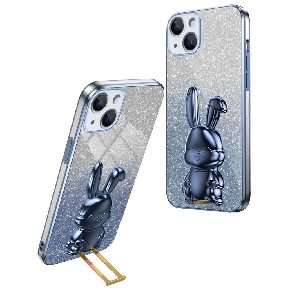 For iPhone 14 Cartoon Rabbit Protective Case Bump Proof Phone Cover with Kickstand - Blue - 1