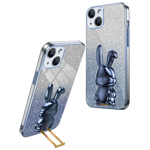 For iPhone 14 Cartoon Rabbit Protective Case Bump Proof Phone Cover with Kickstand - Blue - 1