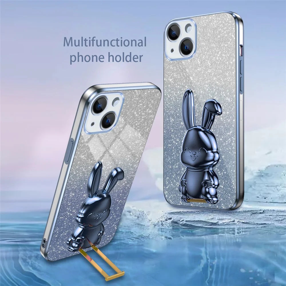 For iPhone 14 Cartoon Rabbit Protective Case Bump Proof Phone Cover with Kickstand - Blue - 2